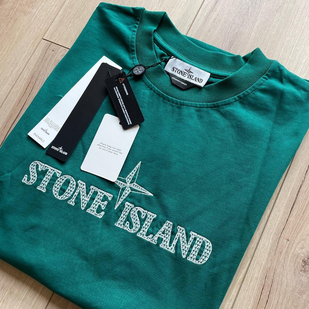 2XL Stone Island Green Cotton T-Shirt Embroidered Short Sleeve